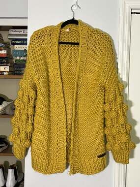 Wishlist Mustard Yellow Chunky Knit Bobble Sleeve Cardigan Size M/L